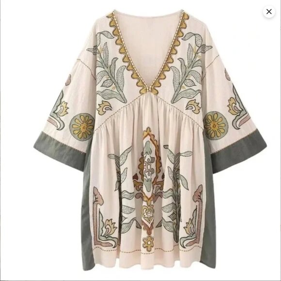 Zara embroidered tunic dress, Fits XS-L, boho embroidered babydoll dress - Picture 7 of 9